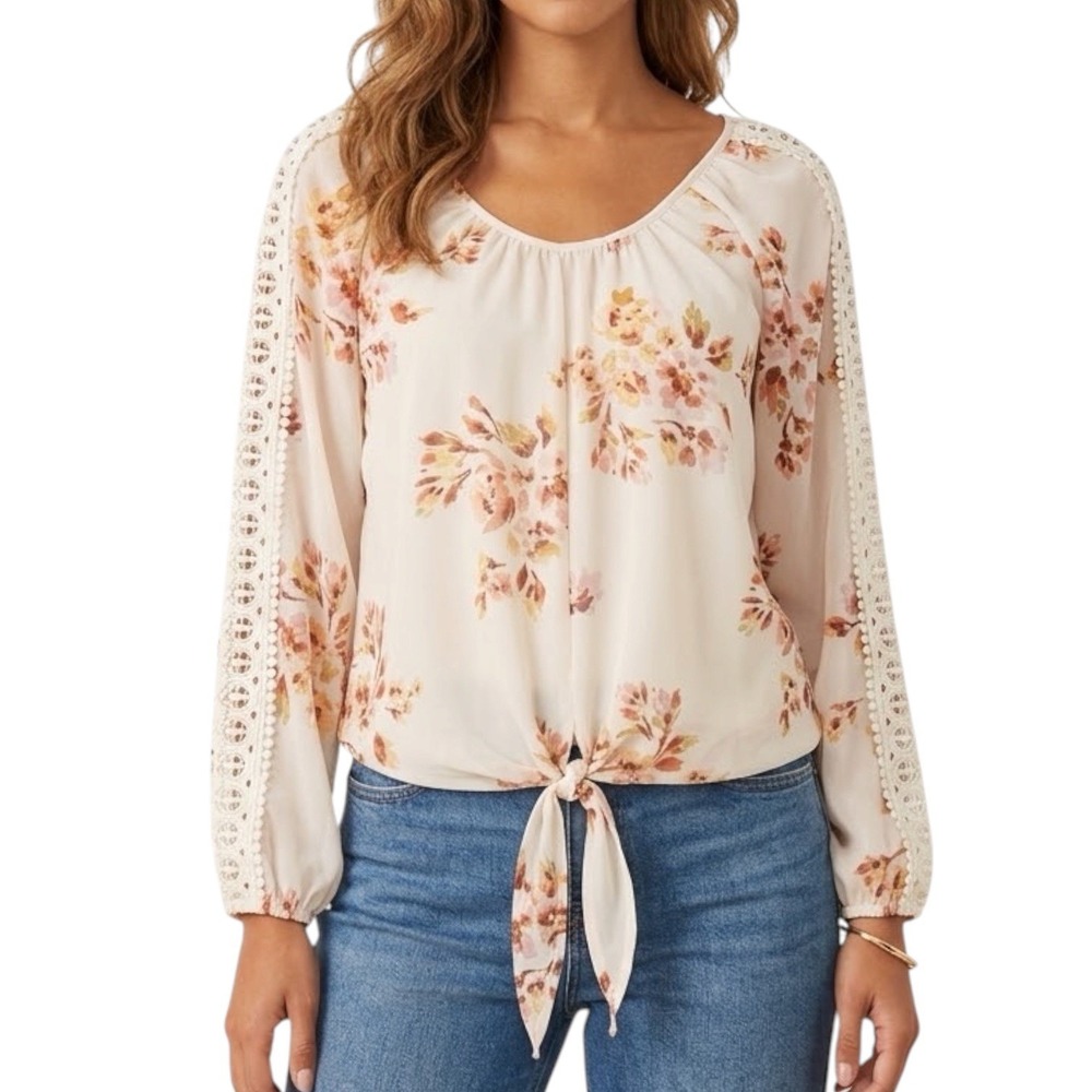 AMERICAN RAG CIE Floral Blouse sz XS Tie Waist Lace Feminine Boho Cottagecore